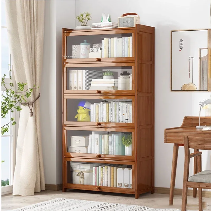 Simple Retro Bookshelf with Door Japanese Bamboo Bookcases Modern Home Furniture Office Desk Organizer Multi-layer Storage Shelf