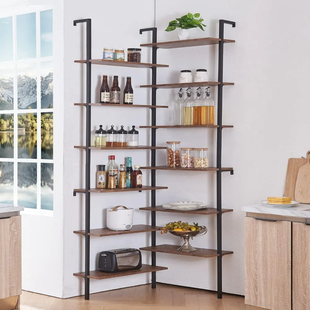 Corner Bookshelf,12-Tier L Shaped Bookshelf, Double Wide Corner Wall Mount Bookcase with Metal Frame and Wood, Modern I 4