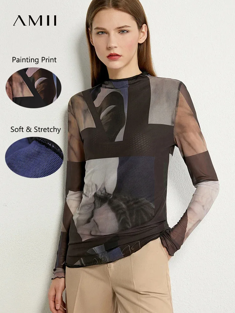 Women T-shirts Minimalism Long sleeve Spring Bottoming Shirt Mesh Printing Inside Slim Trendy Tops 12421003 women t shirts