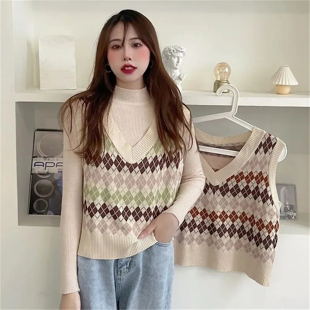

Winter Plaid Vintage All-Match Sleeveless V-Neck Vest Autumn Women'S Korean Knitted Vest Sweater Korean Student Harajuku Chic