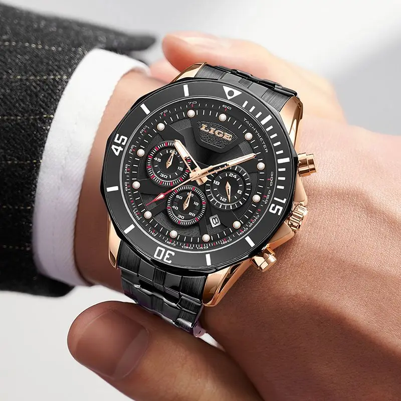 LIGE Top Brand Big Luxury Man Wristwatch Waterproof Luminous Date Men Watches Stainless Steel Quartz Men's Watch Male reloj