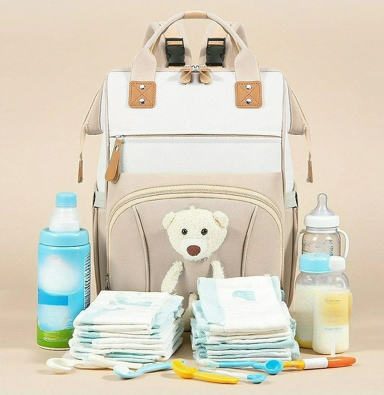 Cute Bear Multifunctional Backpack Double Shoulder Diaper Bag Baby Stroller Bag Large Capacity Travel Bag for New Parents - 4