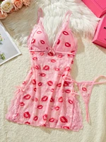 Lips Prints Pink Lace Sexy Lingerie Women See Through Babydoll Dress Slim Soft V Neck Side Opening Sleepwear Festival Gift - Image 2