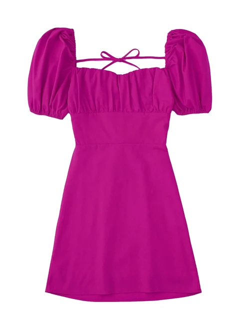 XNWMNZ women white fashion linen blend dress female square neck short puff sleeves backless crossover straps dress for women's Rose Red