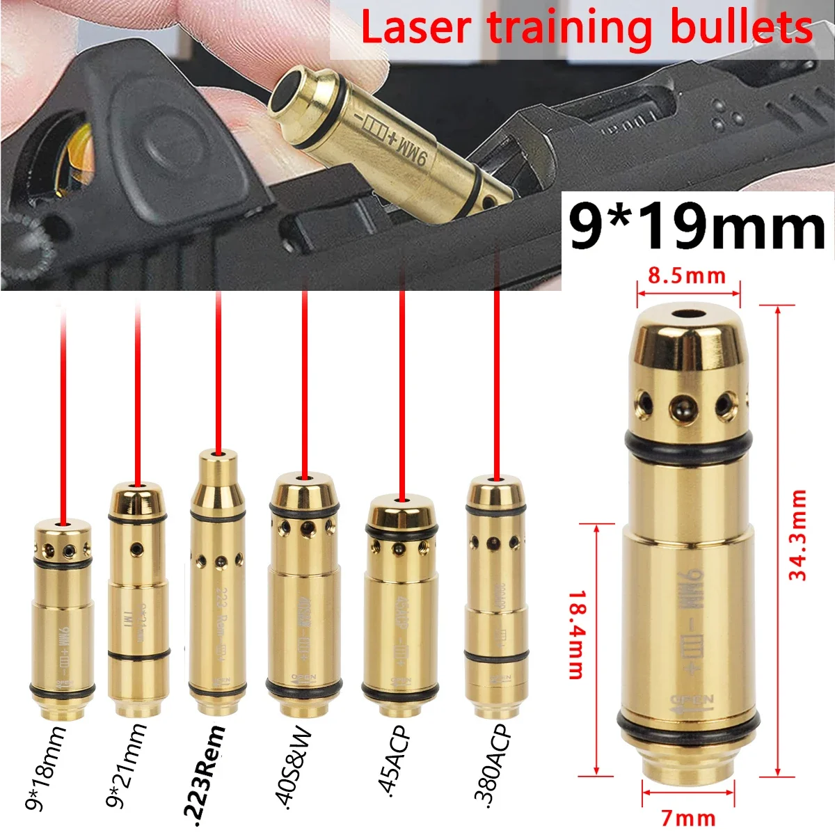 Dry Fire Laser Trainer 9mm/.380ACP/.40S&W/.223Rem Laser Training Bullet Dry Fire Laser Trainer Cartridge Tactical Red Dot Training Bore Sight