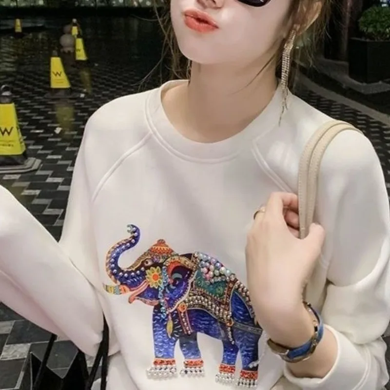 Women's Pullover Solid Color Round Neck Animal Printed Sweatshirts Autumn and Winter 2023 New Long Sleeve Loose Beading Tops