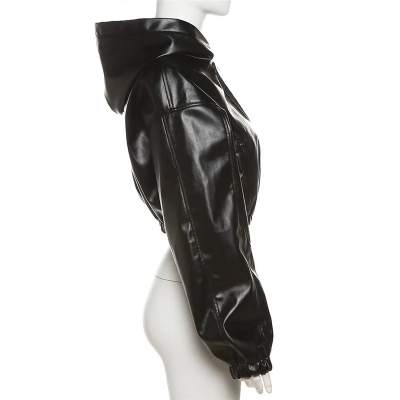Spring Autumn Cropped Leather Jacket Women PU Leather Coat Lapel Zipper Hooded Black Streetwear Design Short Tops Long Sleeve