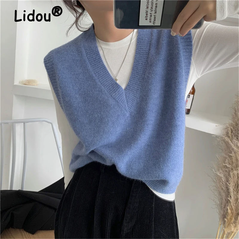 

Korean Simple Sleeveless Knitted Sweater Vests Women Casual Solid Loose Outerwear Waistcoat Pullover Tops Jumper Female Clothing