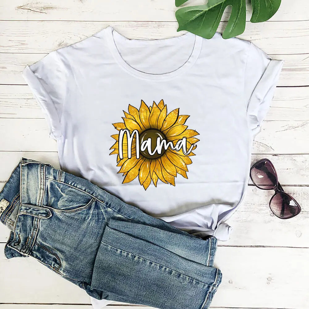 

MaMa Sunflower Print Mother's Day Shirt New Arrivl 100%Cotton Women Tshirt Funny Summer Casual Short Sleeve Top Gift for Mom