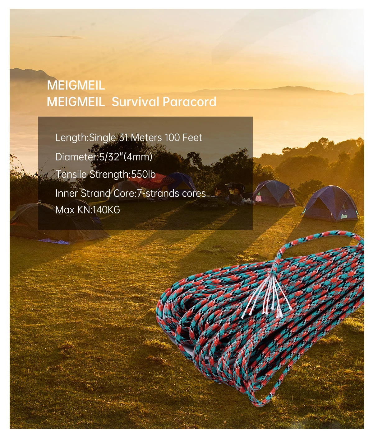 550 Paracord Parachute Cord Lanyard Mil Spec Type III 7 Strand Core 100 FT 30 Colors For Climbing Camping Buckles Bracelet 1PCS