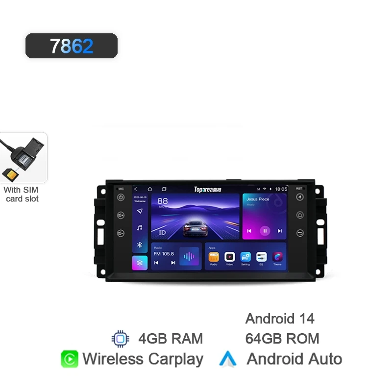 Autoradio Android 13 Erisin Pour Jeep, Chrysler, Dodge - 6.2" écran, CarPlay, GPS, 4Go/64Go