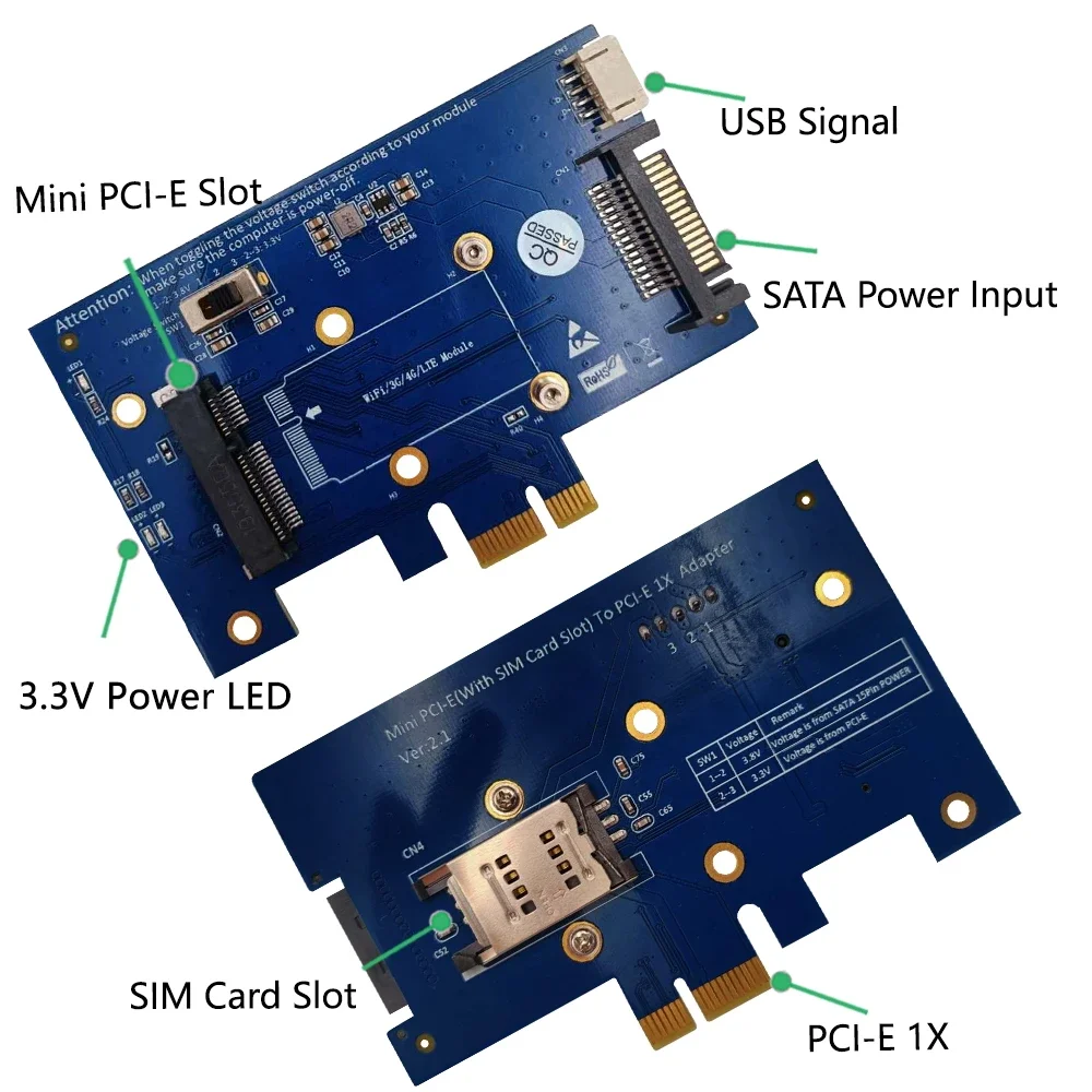 Description Picture 3 of itemPCI Express 1X To Mini PCI-E Wireless Adapter Converter Card SIM Slot 2 Antenna For 4G 3G LTE WWAN GSM Modem / Wifi BT Module