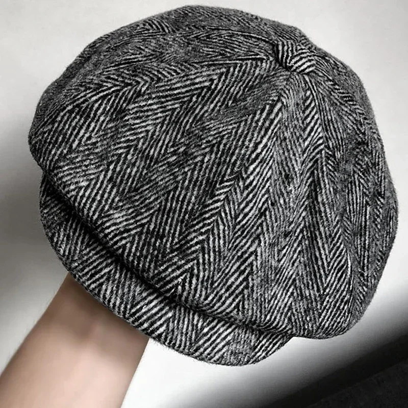 62cm Newsboy Caps Men Vintage Wool Thick Beret Winter Driver Hats for Men Tweed Casual Flat Octagonal Cap