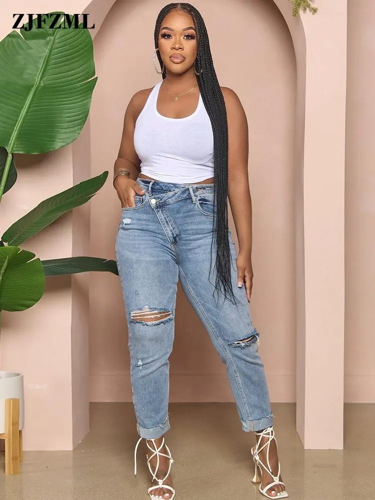 

Y2k Streetwear Diagonal Buckle High Waist Denim Pants for Women Fashion Knee Hollow Out Ripped Butt Lifted Skinny Pencil Jeans