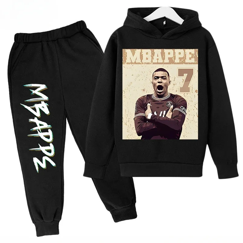 thumbnail image 1 of Ropa para niños Conjunto de sudadera con capucha para niños y pantalones de sudadera Conjunto deportivo de 2 piezas para niños y niñas Ropa estampada de Mbappé, 1 of 5