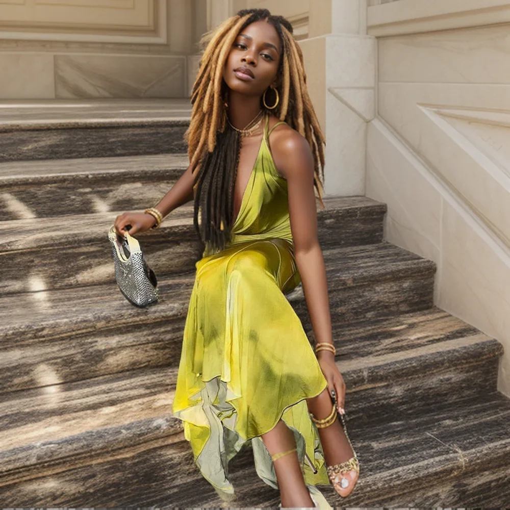 

Summer Yellow Halter Print Dresses for Women V Neck Lace Up Backless Cami Sling Dress Fashion Ruffle Hem Cocktail Party Sling