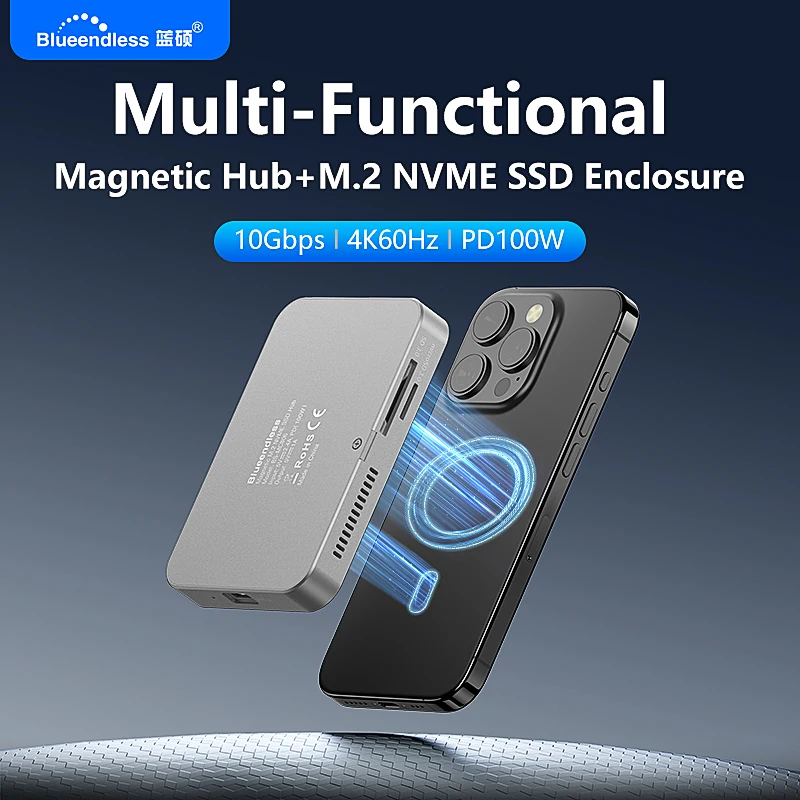 10Gbps Magnetic SSD Enclosure Docking Station with Cooling Fan 2in1 NVME Card Reader Docking Station Hub 4k 60Hz Video Storage