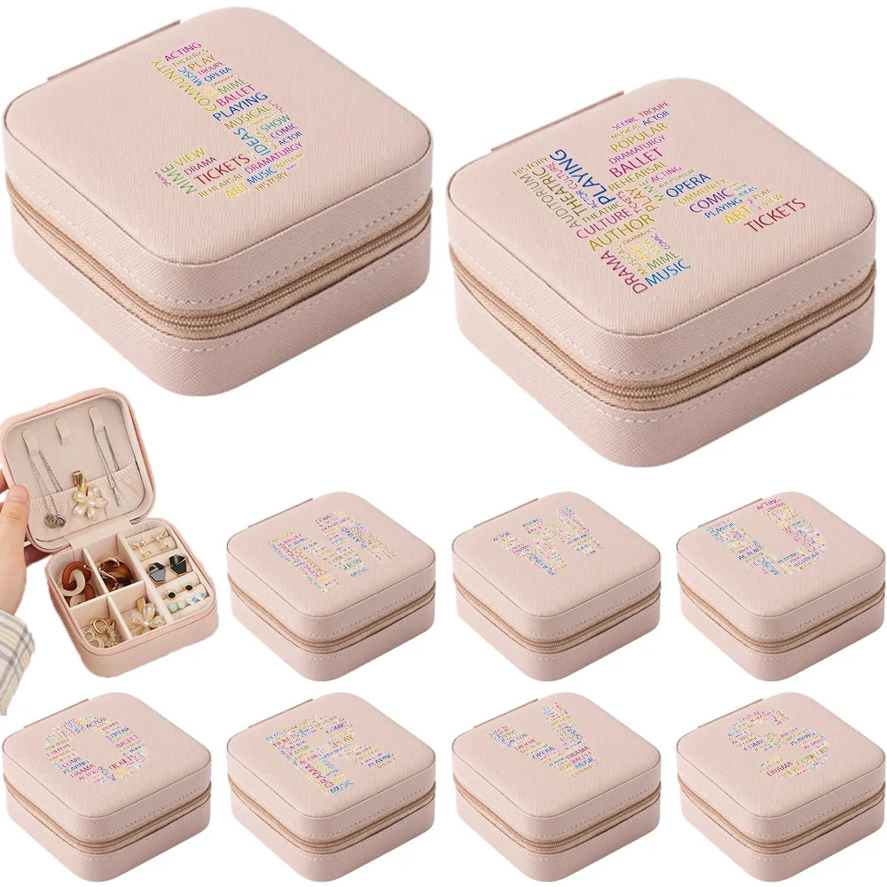 

New Jewelry Box Organizer Display Travel Jewelry Zipper Case Boxes PU Text Letter Print Portable Earrings Necklace Ring Gift Box