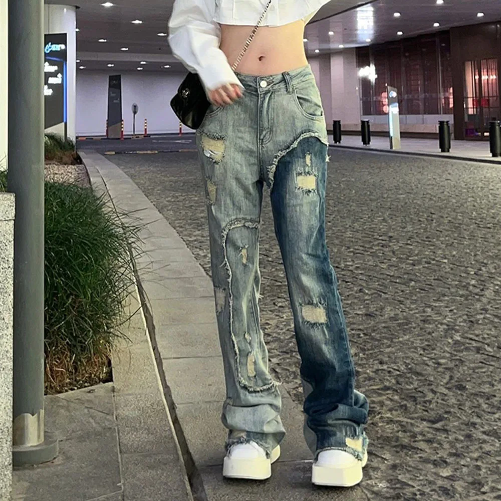 

Fashion New Oversize Y2k Jeans Women Burr Patchwork Ripped Denim Trousers Female High Waist Slim Stretch Asymmetric Mop Pants