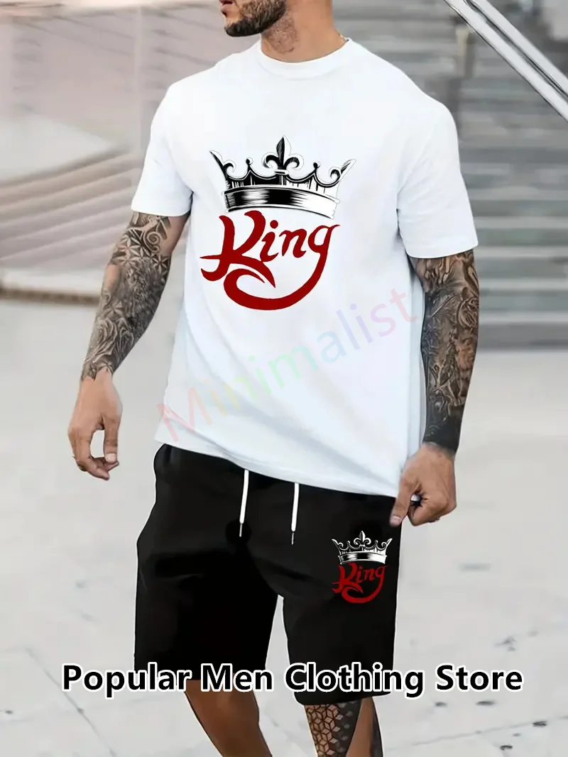 Men's Summer Tracksuit KING Crown Print T-Shirt Shorts Set Sports Short Sleeve Outfit Casual Trendy Man Clothing Outdoor Suits