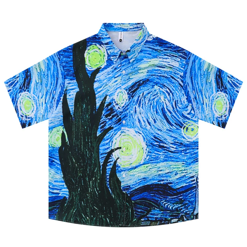 

Dark Icon Fantasy Forest Oil Painting Retro Beach Shirt Men Short Sleeved Summer Oversize Shirt Loose Cardigan Top