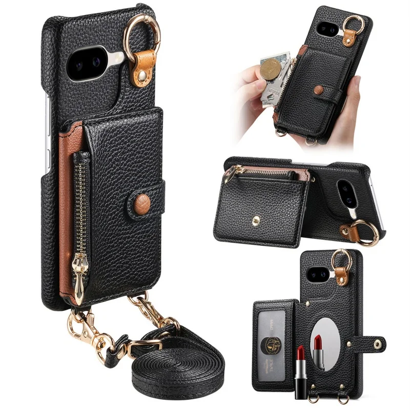 Crossbody Lanyard Leather Wallet Phone Case with Zipper Card Slots Holder