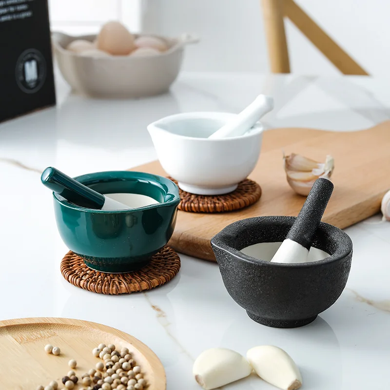 Porcelain Mortar and Pestle Spice Garlic Herb Grinder Mixing Grinding Bowl Crusher Set Restaurant Kitchen Tools
