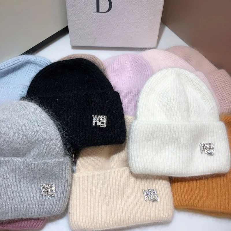 21 farben Echt Kaninchen Fell Mützen Hut für Frau Strass Brief Stricken Motorhaube Dame Herbst Winter Warme Skullies_voghion.com