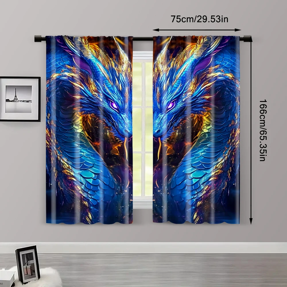 2pc, Scene Curtain Fashion dragon totem print Durable Polyester,Without Electricity Family Party Use for Holiday Parties, Home 3