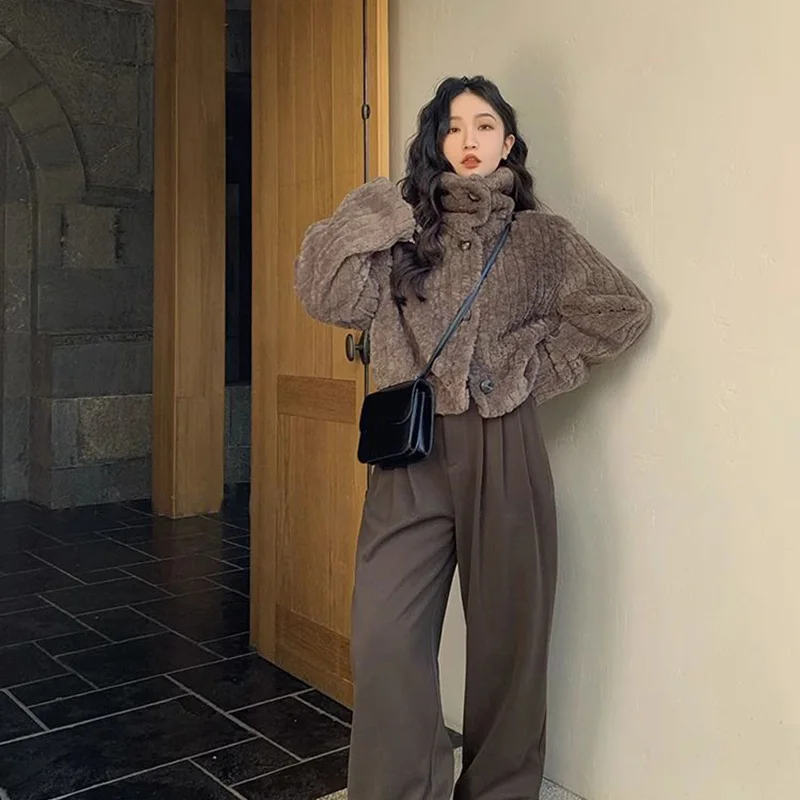 Rimocy Winter Warm Lambswool Coats Women Fashion Korean Padded Cotton Outerwear Woman Stand Collar Cropped Jacket Female 2024 6