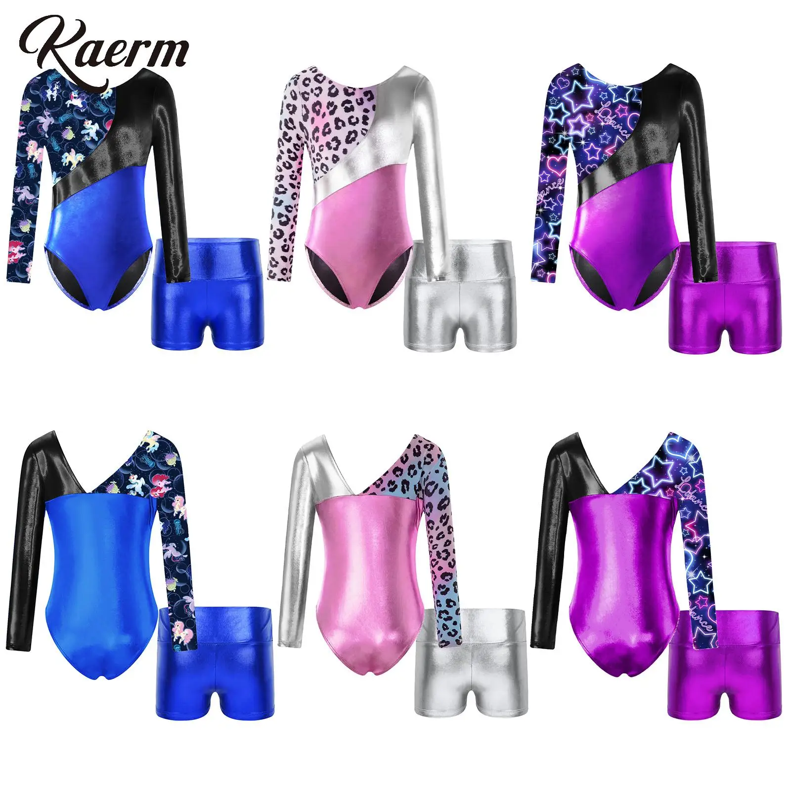 

Metallic Figure Ice Skating Outfit for Kids Girls Long Sleeve Gymnastics Leotard with Shorts Athletic Biketard Tumbling Jumpsuit