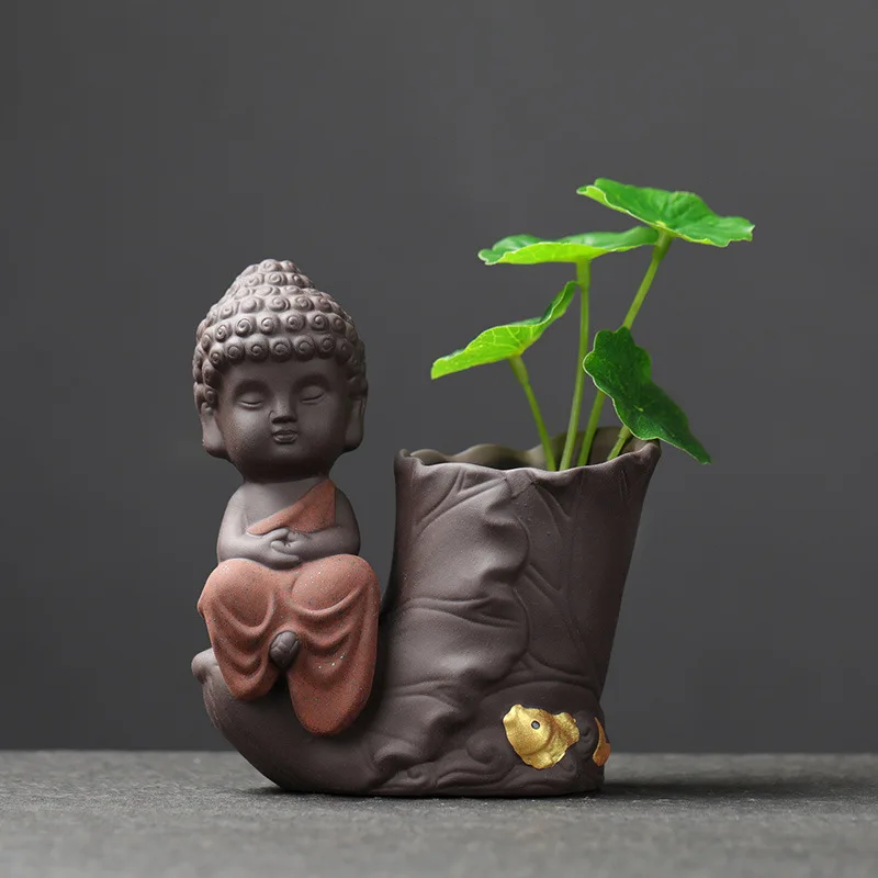 

Handmade Creative Decorations Fish Lotus Ceramics Hydroponic Vases Zen Monks Feng Shui Ornaments Green Plant Flower Pot Tea Pet
