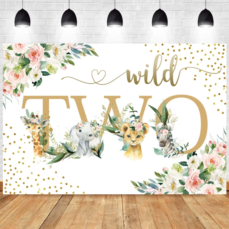 

Two Wild Photo Backdrop Elephant Jungle Safari Animal Lion Happy Birthday Party Baby Shower Photography Background Decor Banner