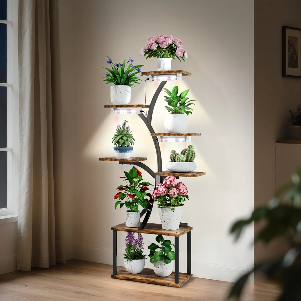 Vintage Plant Holder with LED Grow Lights Tall Multilayer Flower Stand Rack