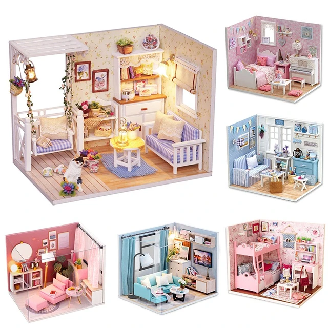 Cutebee DIY House Miniature with Furniture LED Music Dust Cover Model Building Blocks Toys for Children Casa De Boneca 1
