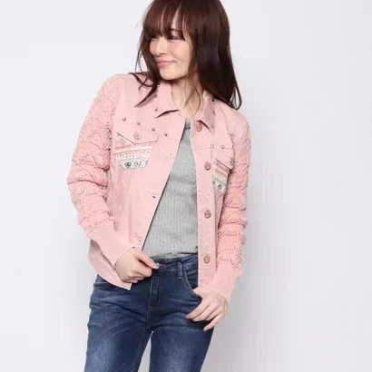 

Foreign trade original single Spanish new pink heavy industry sequin hollowed out stitching denim coat