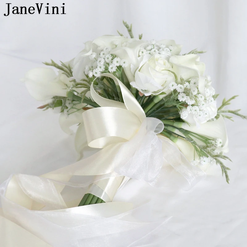 Artificial Calla Lily Wedding Bouquet Waterfall Style Silk Roses Florist Cascading Bridal Bouquet