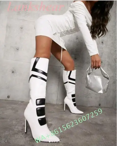 

2024 New Ladies Black and White Color Scheme Simple and Fashionable Long Boots Stiletto Pointed Toe Knee-High Boots for Women