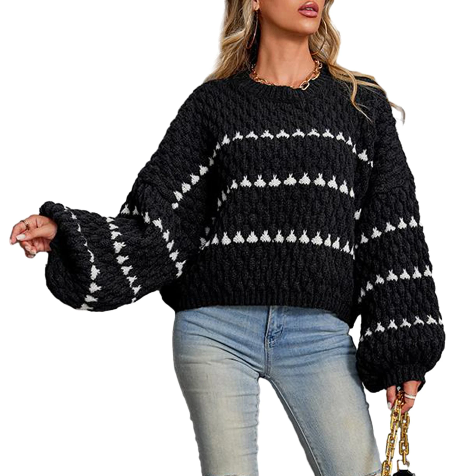 

Round Neck Pullover Thick Knit Sweater for Women Loose Striped Jumpers Knitwear Tops Autumn and WinterLong Sleeved Sweater