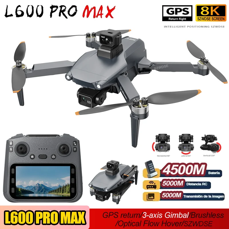 Drone L600 PRO MAX 8K avec écran double caméra GPS 5KM FPV quadrirotor survolant un paysage montagneux