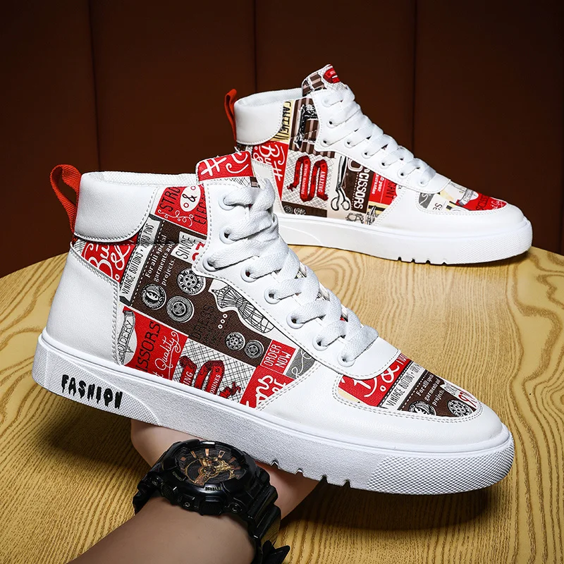 

2023 Trend Graffiti Men High Top Casual Shoes Breathle Canvas Sneakers Men Flat High Street Vulcanized Shoes Spring Footwear