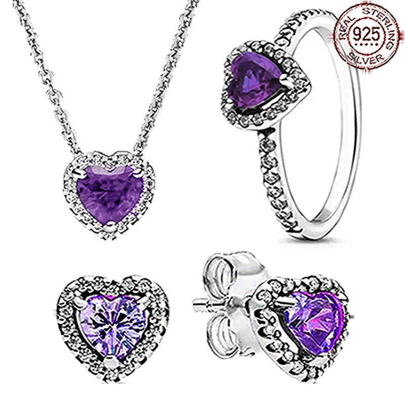 

Колье и кольцо из серебра 925 пробы с фиолетовым кристаллом в форме сердца