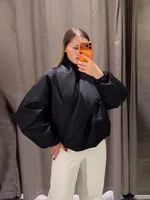 Blouson Bomber Noir Oversize pour Femme, Manches Bouffantes, Haut Drapé Croisé, Coupe Courte, Vêtement d'extérieur Décontracté, Collection Printemps Femme 5