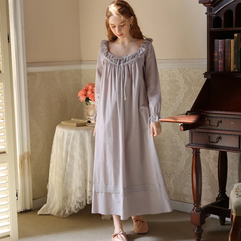 

Cotton Vintage Night Dress Women Long Sleeve Loose Sexy Sleepwear Princess Nightwear Gown Nightgowns