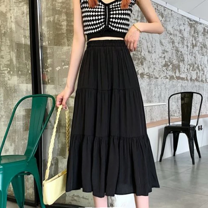 Woman New In Clothes A-line High Waist Casual Slimming Cake Skirt Versatile Mid Length Dress Sweet White Long Skirt All-match