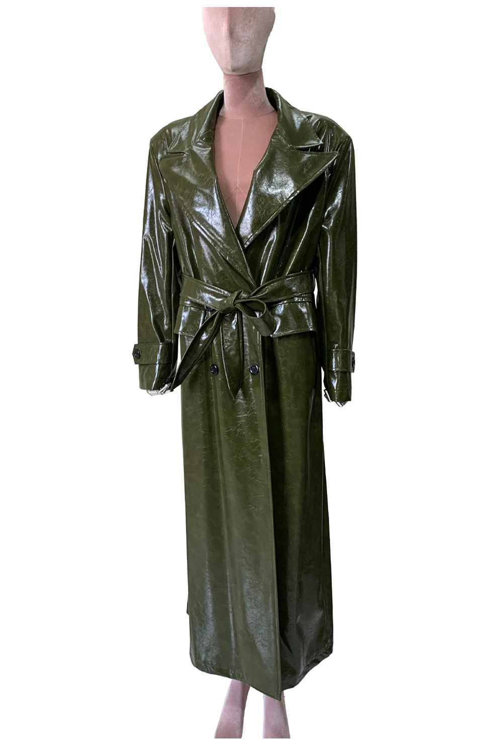 Spring Autumn Loose Extra Long Shiny Patent Faux Leather Trench Coat for Women Peaked Lapel Sahes Double Breasted Overcoat 2026