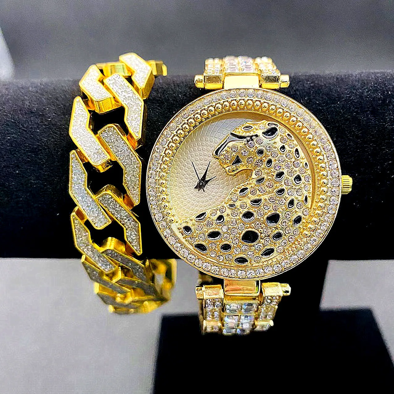 2pcs Iced Out Watch for Women Bling Bling CZ Bracelet Leopard Wrist Watch Luxury Diamound Watches Women jewelry Set Reloj Mujer