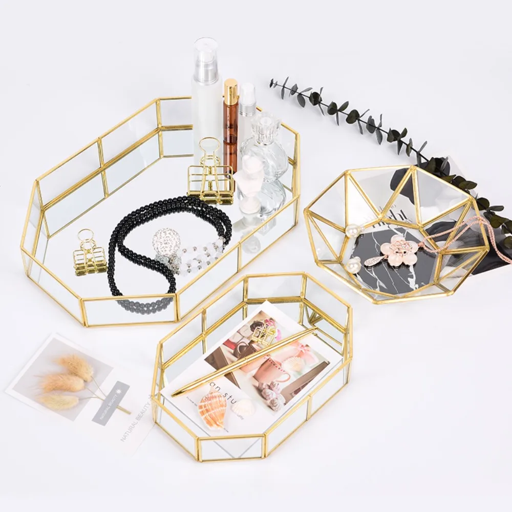 Polygonal Gold Mirror Tray,Beautiful and Elegant Glass Decorative Tray Multi-purpose Durable Vanity Tray Makeup Tray 5