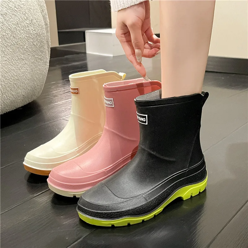 Women Solid Color Ankle Rain Boots Female Winter Outdoor Waterproof Non-slip Warm Boots Flat Platform Water Shoes