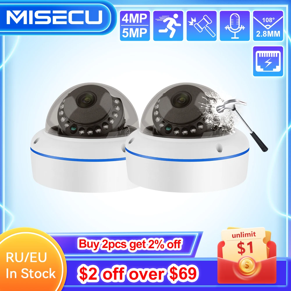  MISECU HD 5MP 4MP H.265 Surveillance IP POE Camera Microphone Dome Indoor Motion Detect Security Home Camera Metal Email Push